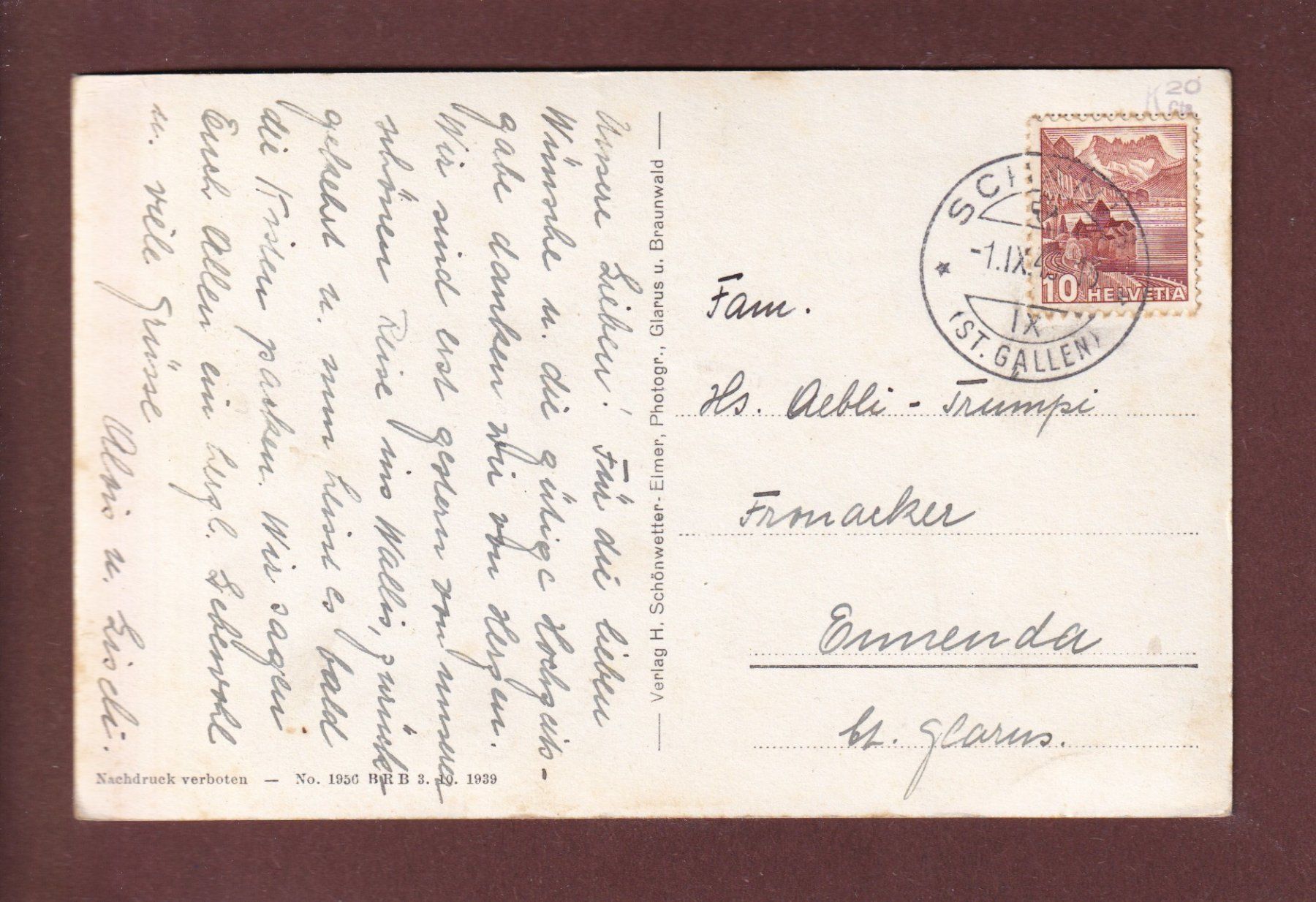 Ansichtskarten: BRAUNWALD - Kirchli - Ortstock - 1943 – Gebraucht aus Pully von nicecards 1
