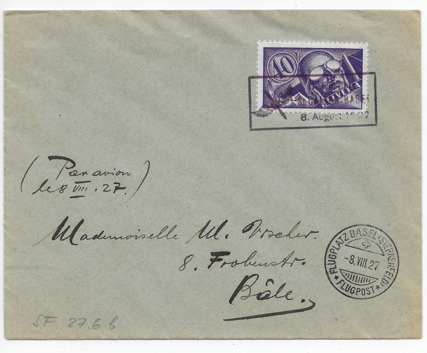 Alle Briefmarken: Flugpostbrief Basel-St.Gallen 8.8.1927. Kat.150.- – Gebraucht aus Hefenhofen von Richsalz