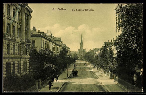 Cartoline postali: AK St. Gallen, St. Leonhardstrasse mit Kirche – Usato da Berlin venduto da bartko-reher