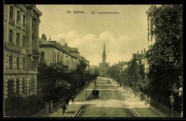 AK St. Gallen, St. Leonhardstrasse mit Kirche