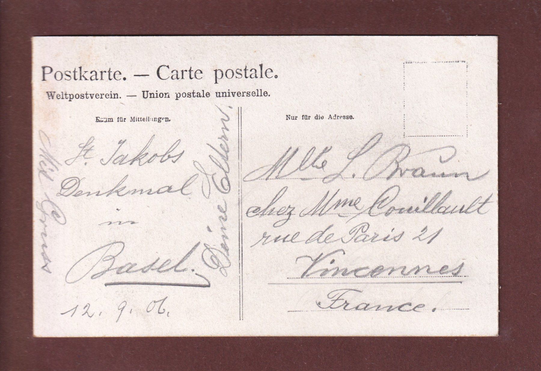Cartoline postali: BASEL - St. Jakob-Denkmal - 1906 glatt – Usato da Pully venduto da nicecards 1