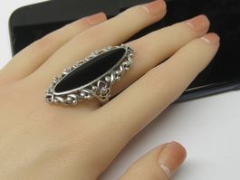 Antik Ring Silber 925 Onyx Schiffchen florale Muster Gr. 58