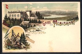 Lithographie Albishorn, Gasthaus, Hasen