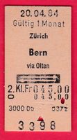 KARTON BILLETT, ZÜRICH-BERN, 2.KLASSE, RETOUR, 20.4.1984
