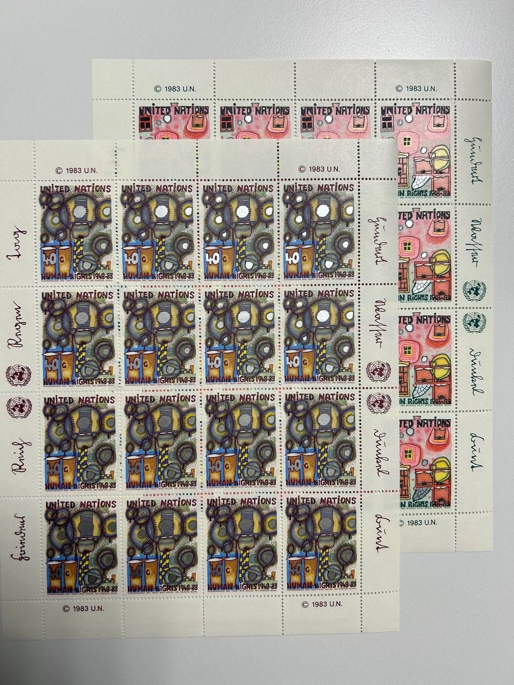 Tutti i francobolli: Friedensreich Hundertwasser, Kleinbogen UNO 1983 US AT CH – Usato da kriens venduto da bst999 1