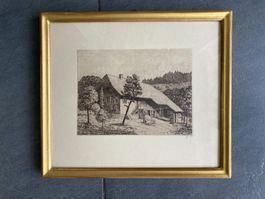 RADIERUNG Kupferradierung Bauernhaus in überf. Goldrahmen