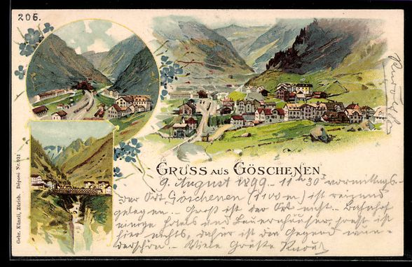 Ansichtskarten: Litho Göschenen, Ortsansicht, Brücke  – Gebraucht aus Berlin von bartko-reher