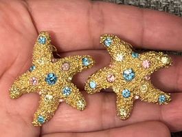 Vintage Ohrclips Seestern mit bunten Steinen, Goldfarben