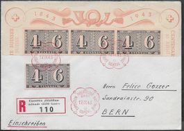 1943 R/Brief o ZH Ausschnitte W15 3erStreifen+Nr. 258 ab 1.-