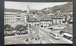 Thun gegen Schlosskirche, Trolleybus STI, Konsumverein~1950
