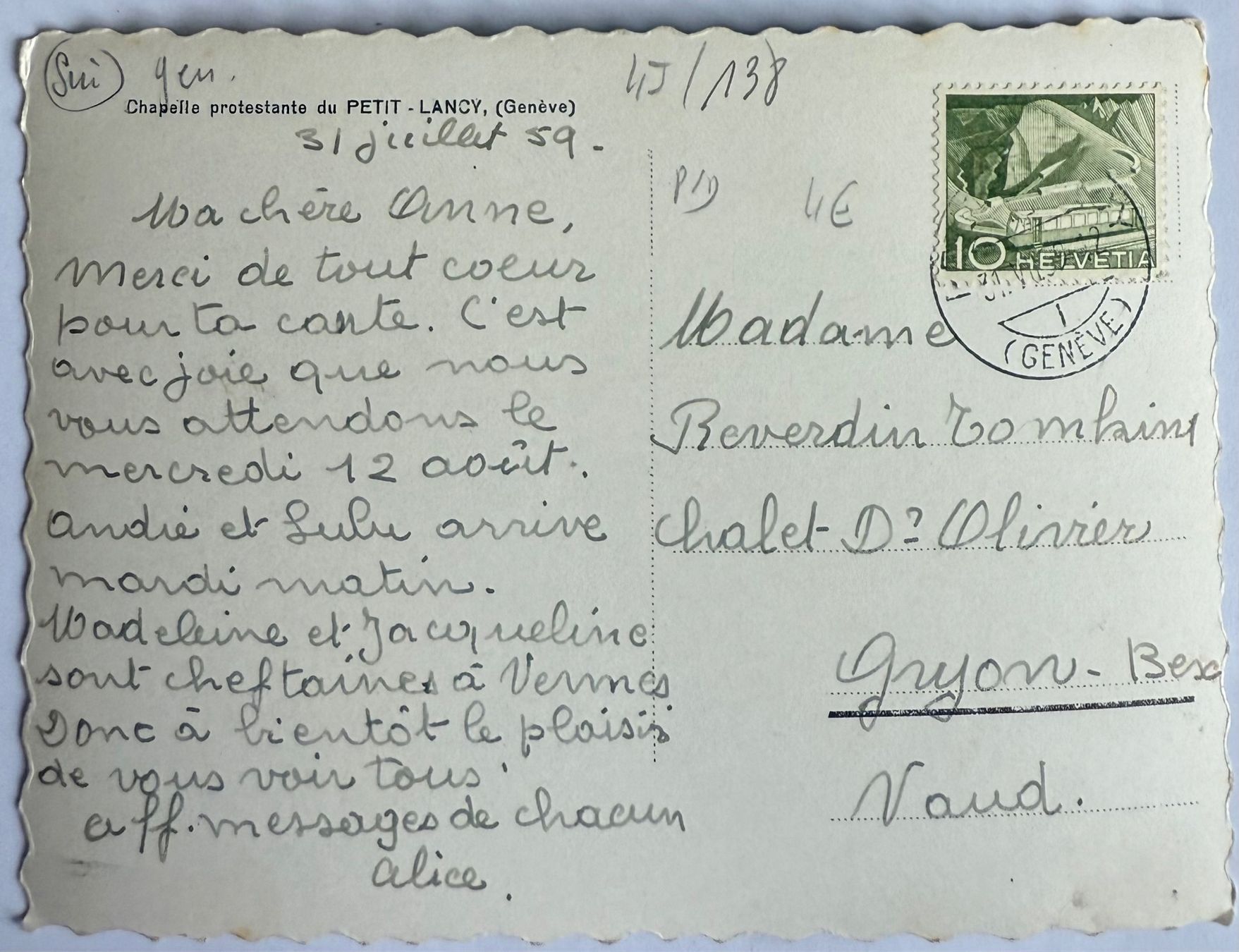 Cartoline postali: Petit-Lancy - GE: Chapelle Protestante 1959 – Usato da Lutry venduto da Ediego 1
