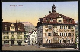 AK Schwyz, Ortspartie mit Rathaus, 1918