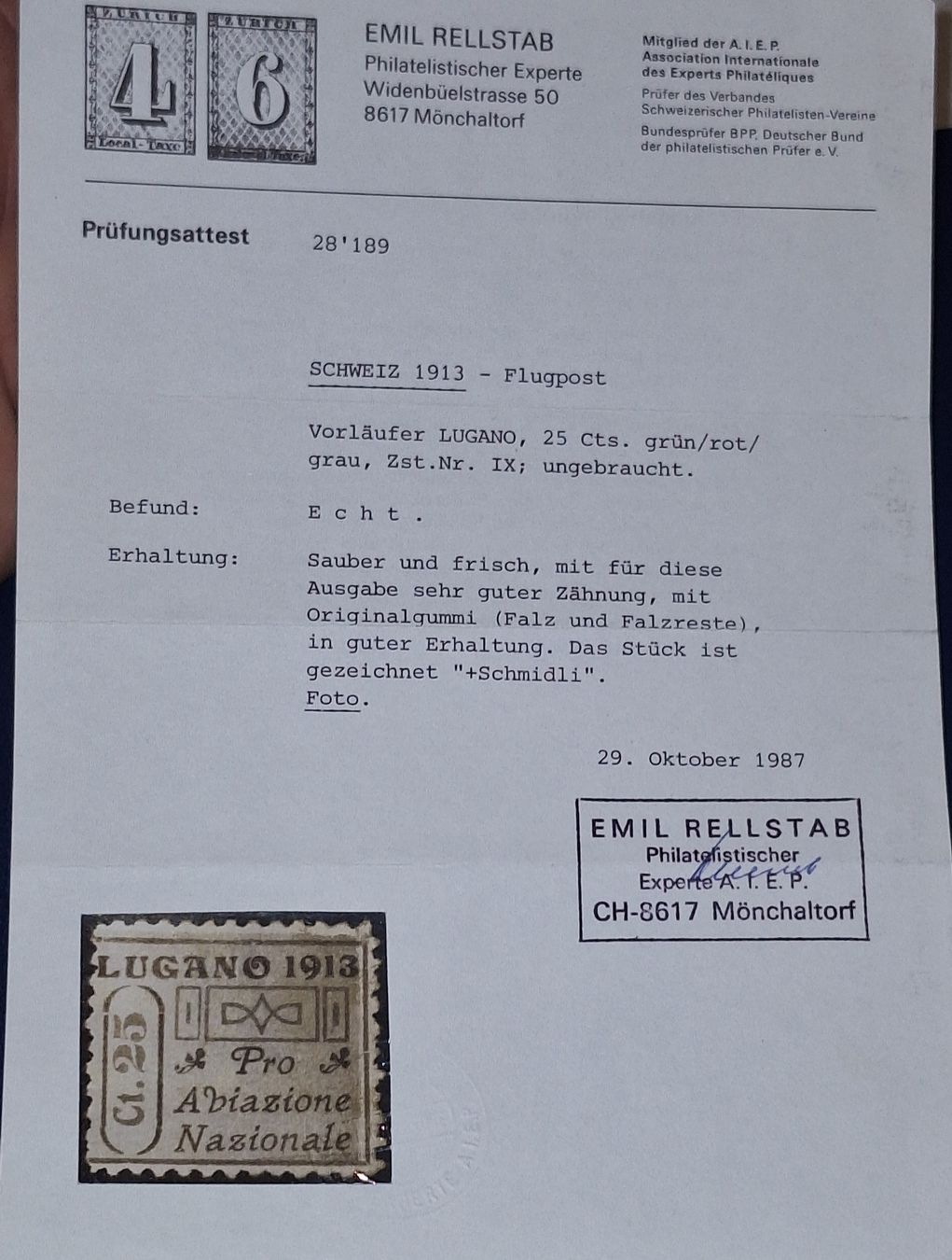 Tutti i francobolli: Flugpostvorläufer Lugano mit Att. *  Kat. 6000.- – Usato da Balgach venduto da SIMEON27 2