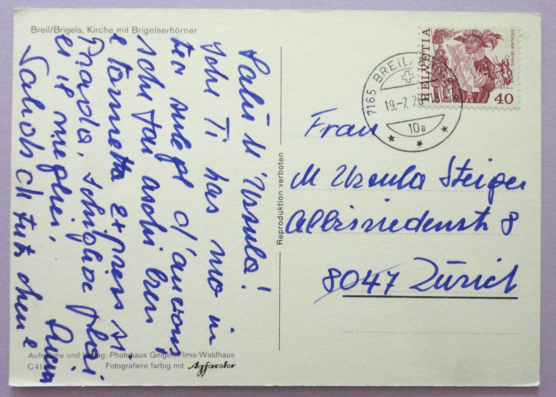 Cartoline postali: Breil/Brigels, Kirche mit Brigelserhörner – Usato da Fétigny venduto da Billy2miny 1