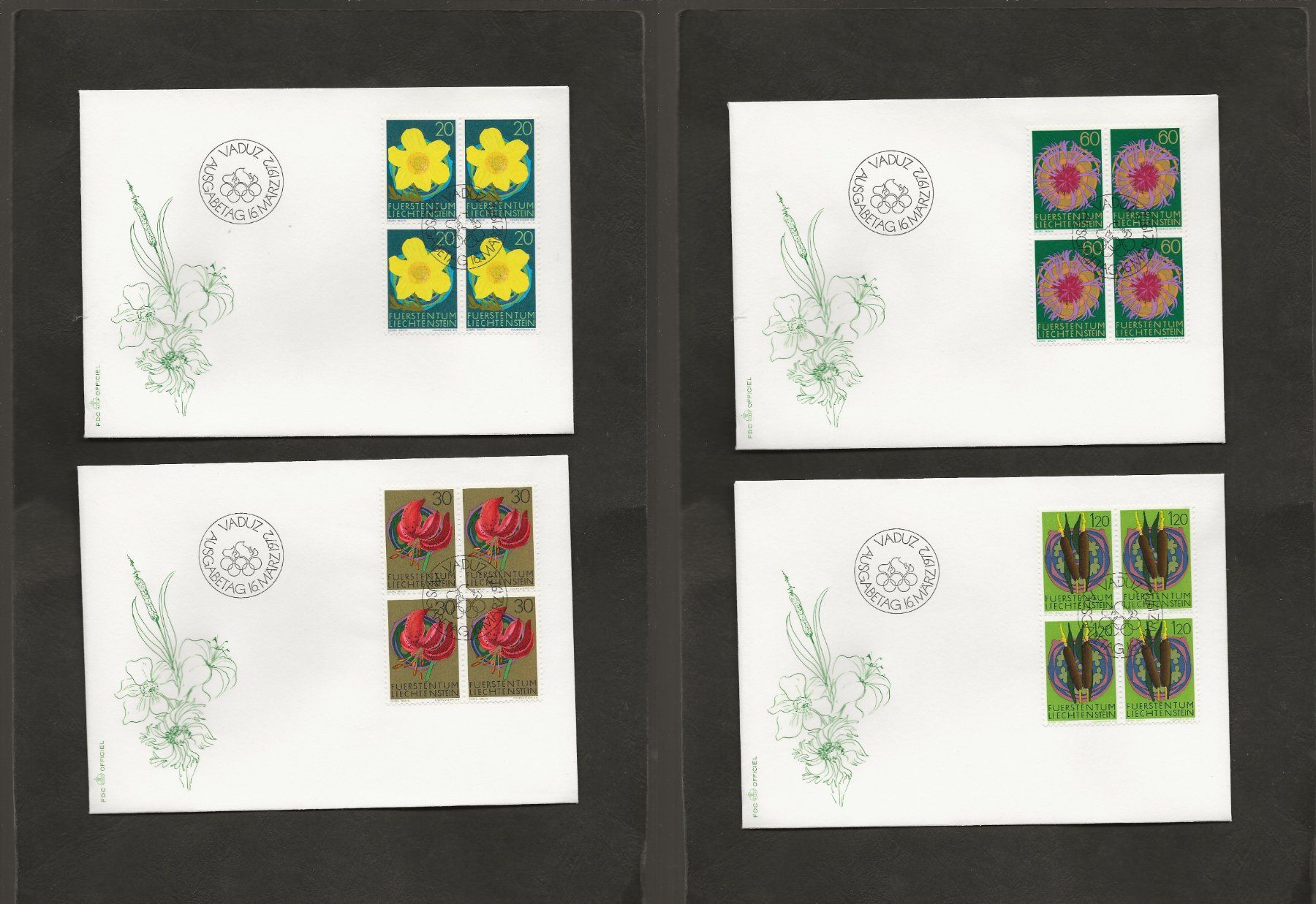 Tutti i francobolli: FDC Liechtenstein Viererblock + Einzel Serie Blumen 1972 – Usato da Au ZH venduto da xelagreb01 2