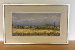 Original Ölgemälde, Sommerlandschaft mit Häusern, gerahmt.