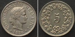 Schweiz 5 Rappen 1888 Ku-Ni ERHALTUNG! vz+