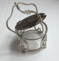 Bonboniere-Zuckerdose mit Griff und Deckel versilbert Glas 