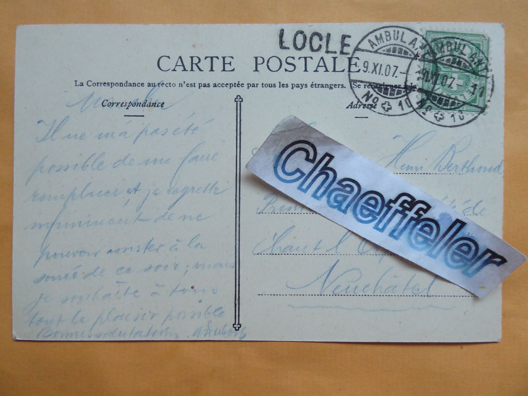 Cartes postales: 1907 Le Locle – D'occasion à Zürich par Chaeffeler 1