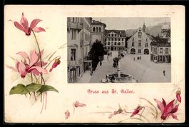 Lithographie St. Gallen, Platz mit Brunnen und Stadthäusern,
