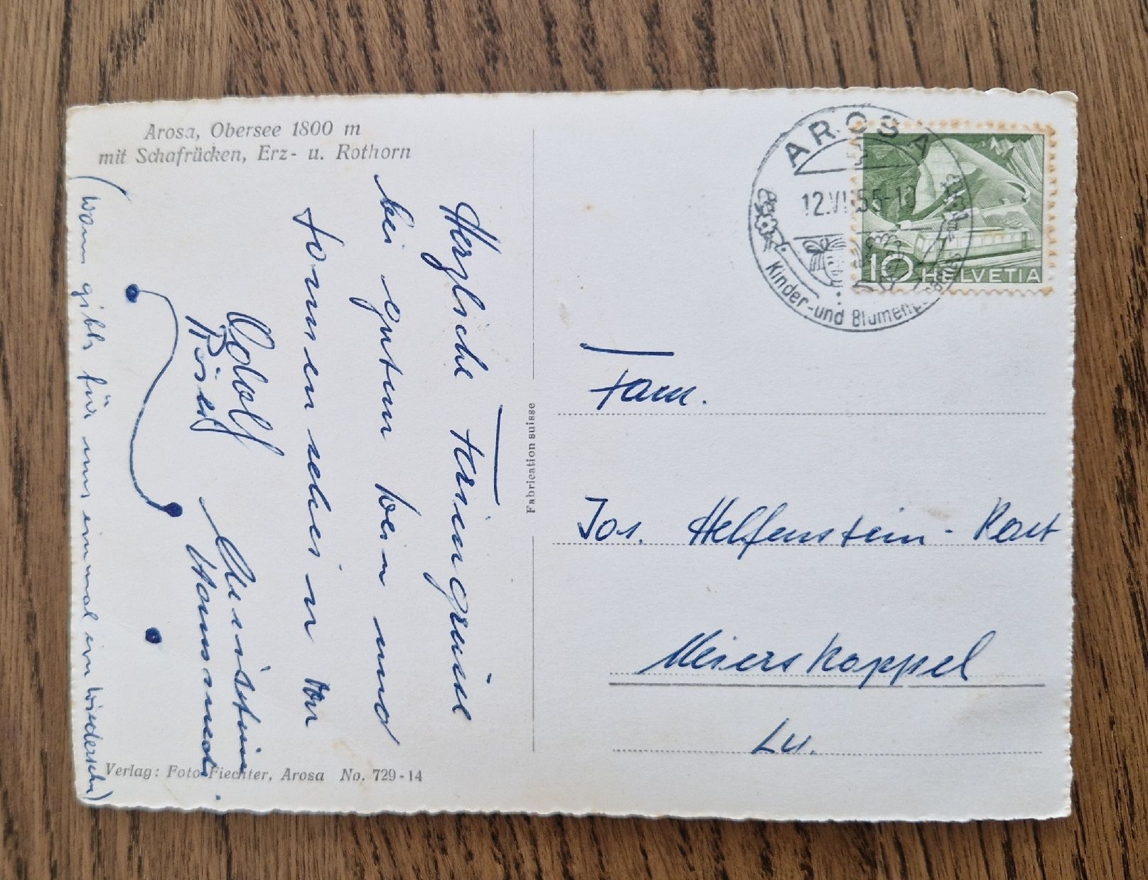 Cartoline postali: Arosa, Obersee 1955 – Usato da Ebikon venduto da Donar50 2