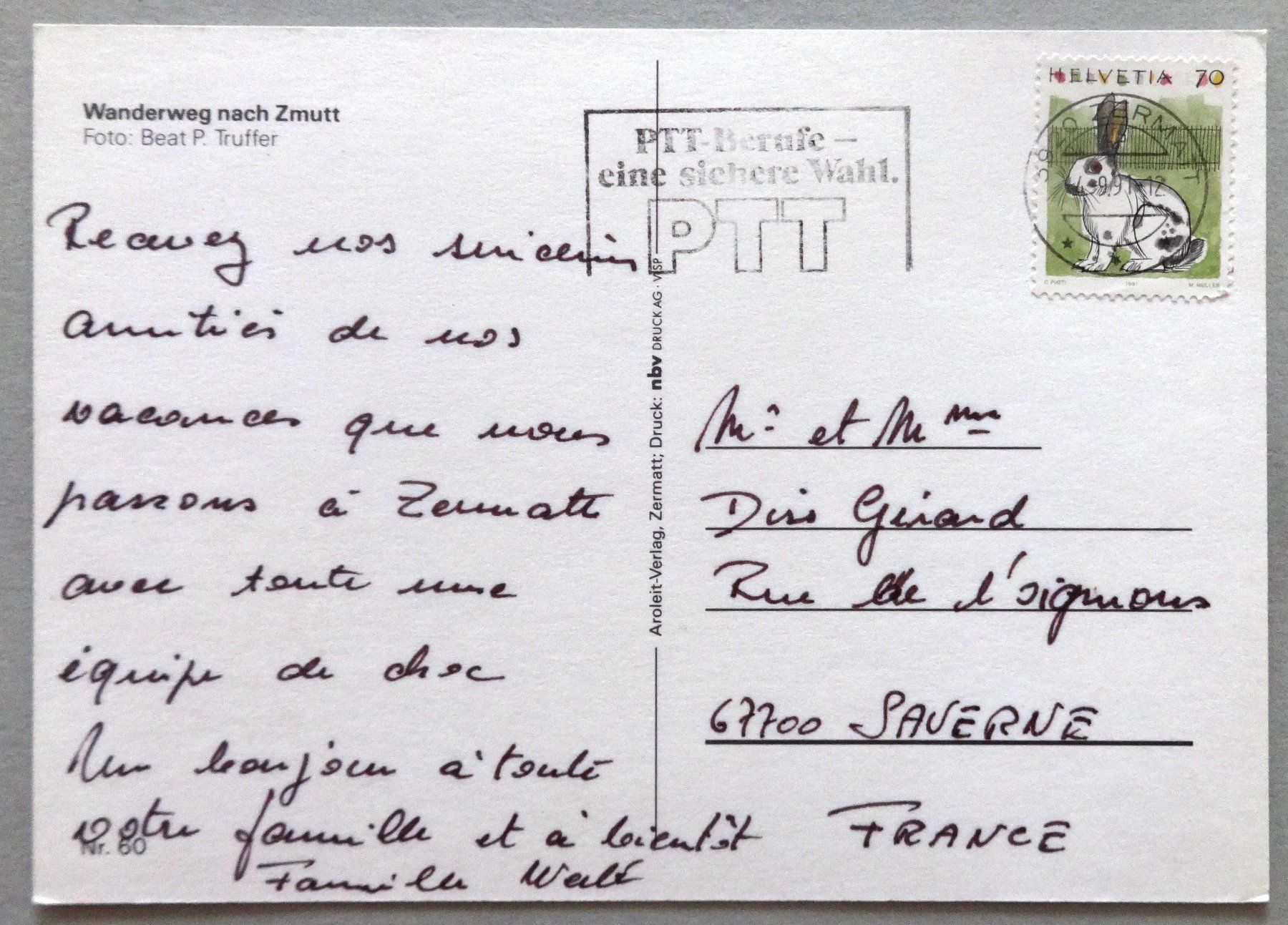 Cartoline postali: Wanderweg nach Zmutt – Usato da Fétigny venduto da Billy2miny 1
