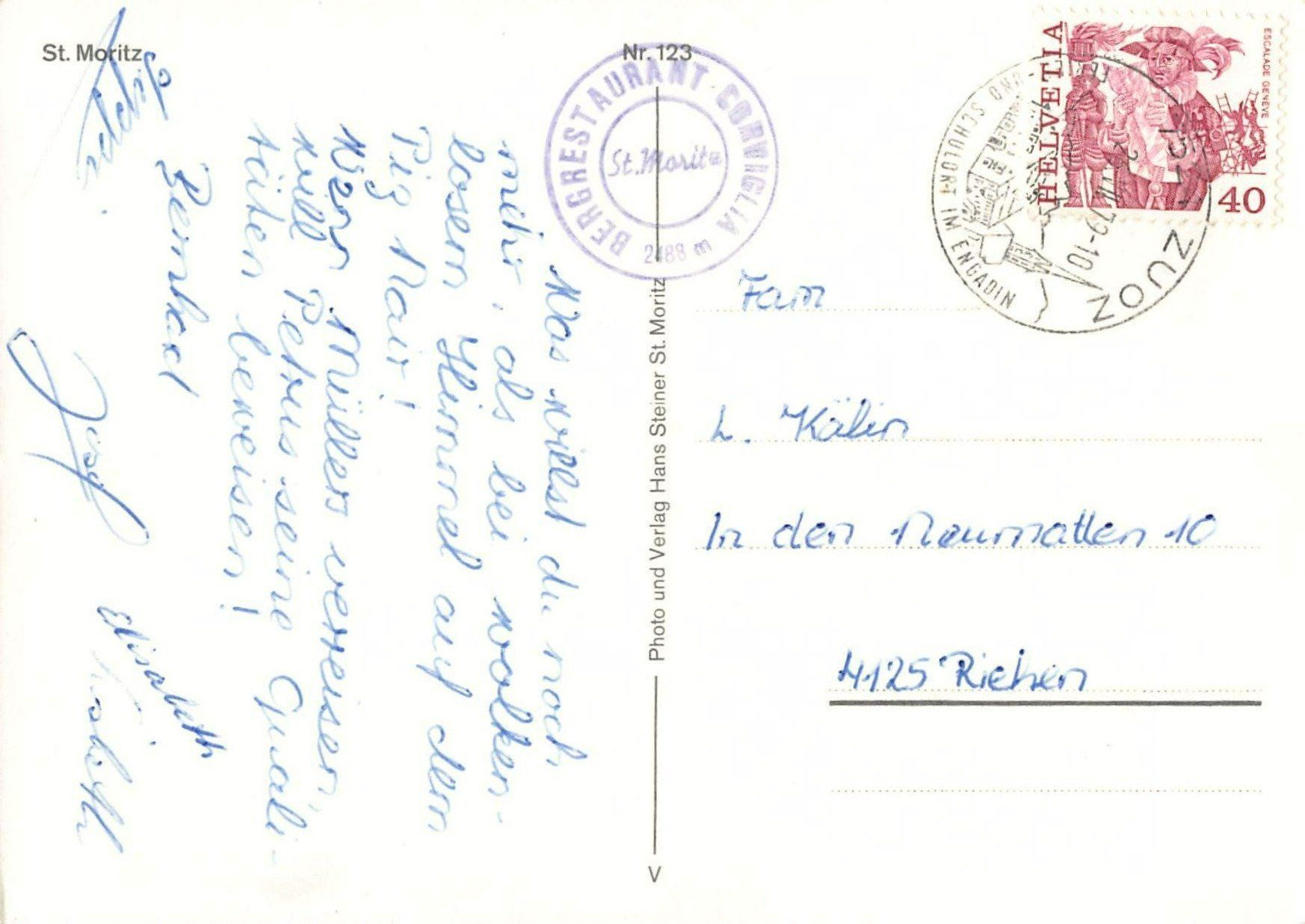 Cartoline postali: Gruss aus dem Bündnerland: ST. MORITZ 1979 – Usato da Winterthur venduto da SchatzchischtliWinti 1