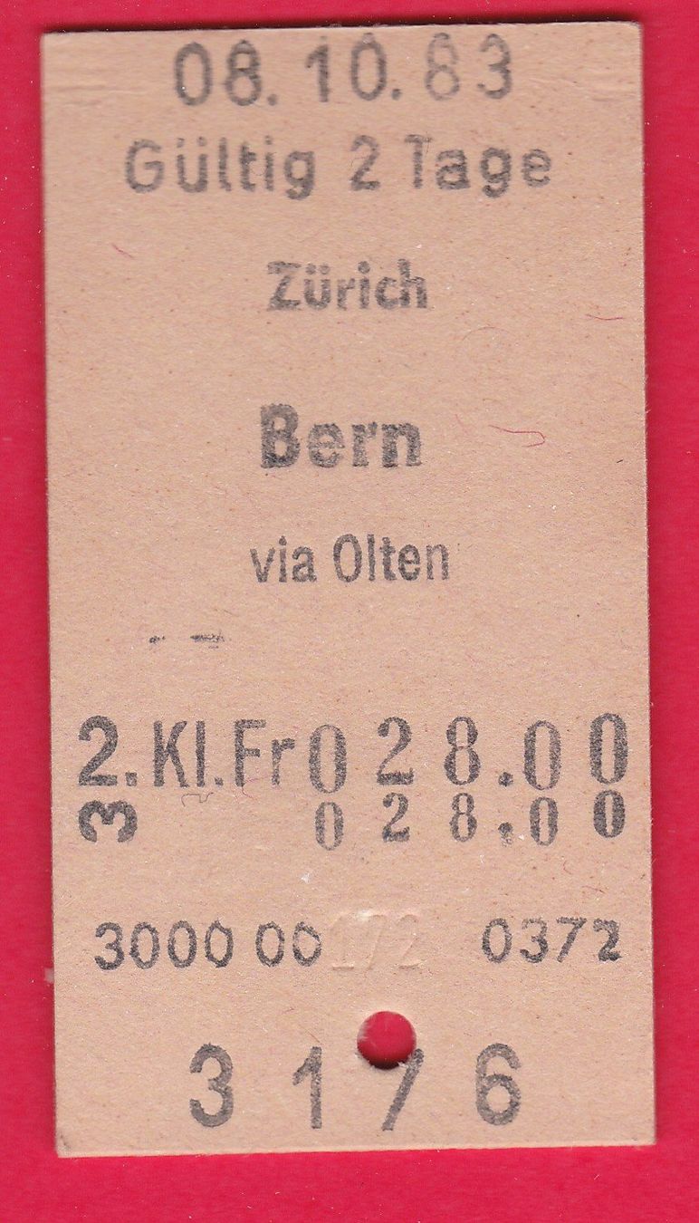 Biglietti: KARTON BILLETT, ZÜRICH - BERN, 2.KLASSE, EINFACH, 9.10.1983 – Usato da Oberrieden venduto da Gebirgsstelze