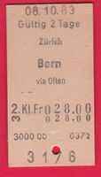 KARTON BILLETT, ZÜRICH - BERN, 2.KLASSE, EINFACH, 9.10.1983