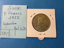 Suisse : 5 FRANCS 1952 - SUPERBE ET RARE