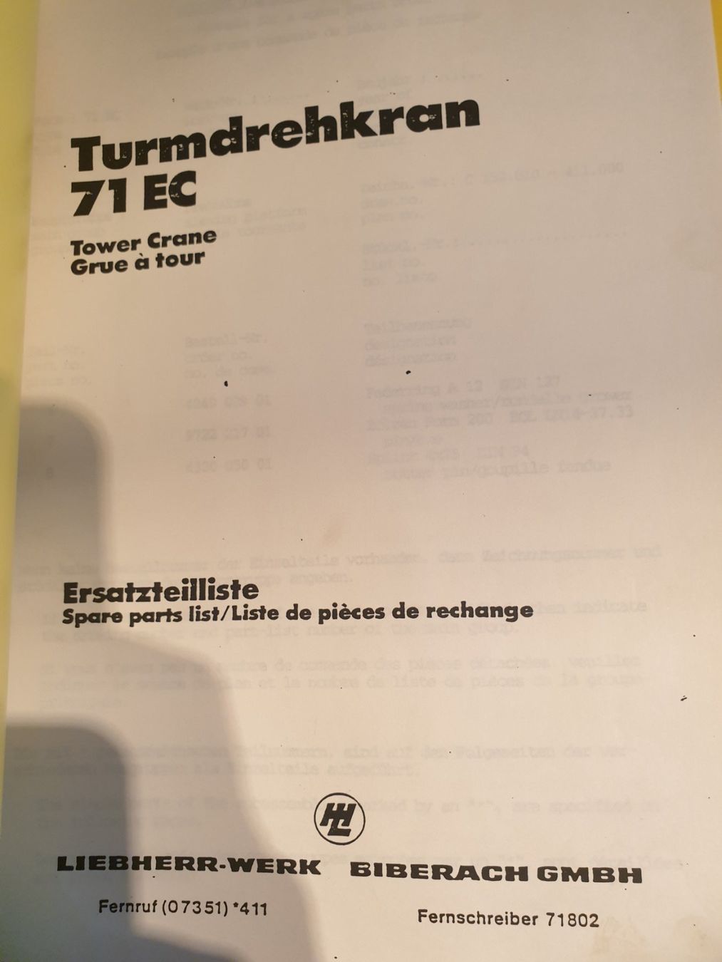 Documenti: Ersatzteilliste Liebherr 71EC Originaldokument – Usato da Baar venduto da Liebherrbagger