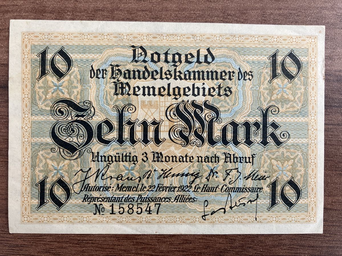 Banconote: 1922 Memel 10 Mark Notgeld Bill – Usato da Wettingen venduto da BAG4478 1