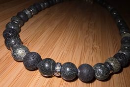 Halskette Serpentin, Lava & Stahl 45,5cm. & Silber