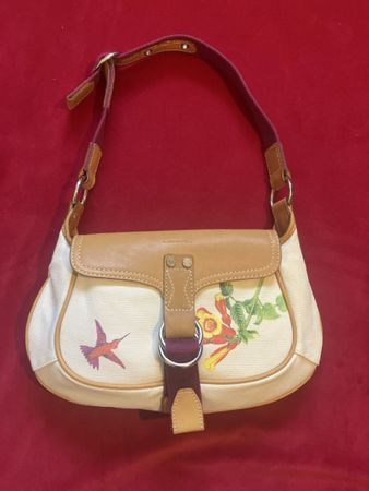 Lancel Handtasche Canvas Leder beige bunt guter Zustand