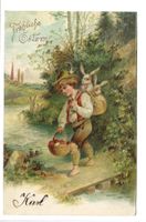 Fröhliche Ostern - Knabe trägt Hasen im Rucksack Präge-Litho