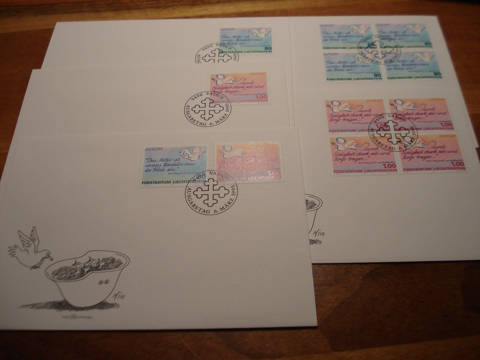 Tutti i francobolli: Liechtenstein, FDC Frieden, 1995, FDC Satz + Einzel + 4er – Usato da Niederwil AG venduto da morostahu 1