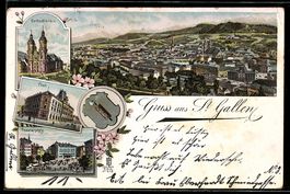Lithographie St. Gallen, Kathedrale, Post, Theaterplatz