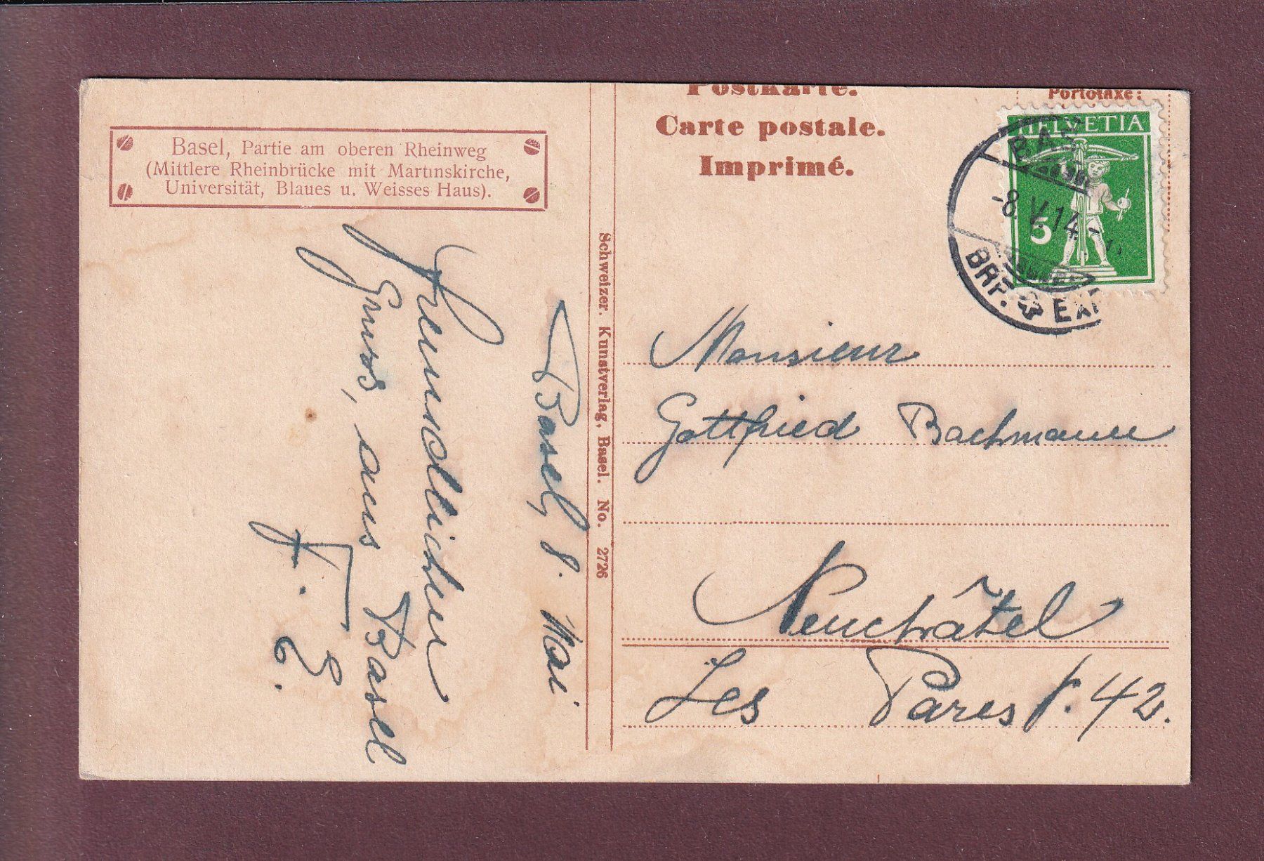 Ansichtskarten: BASEL - Rheinweg - 1914 – Gebraucht aus Pully von nicecards 1