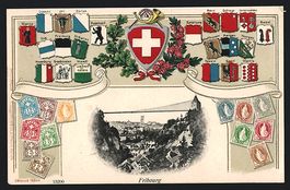Präge-AK Fribourg, Ortsansicht, Wappen 