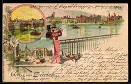 Lithographie Zürich, Seepromenade mit Schiffen, Platzansicht