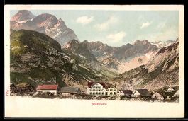 AK Meglisalp, Berggasthaus und benachbarte Häuser, Gipfelpan