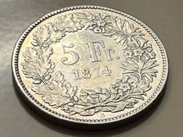 5 Franken 1874 B (ohne Punkt), Sehr schön!!!