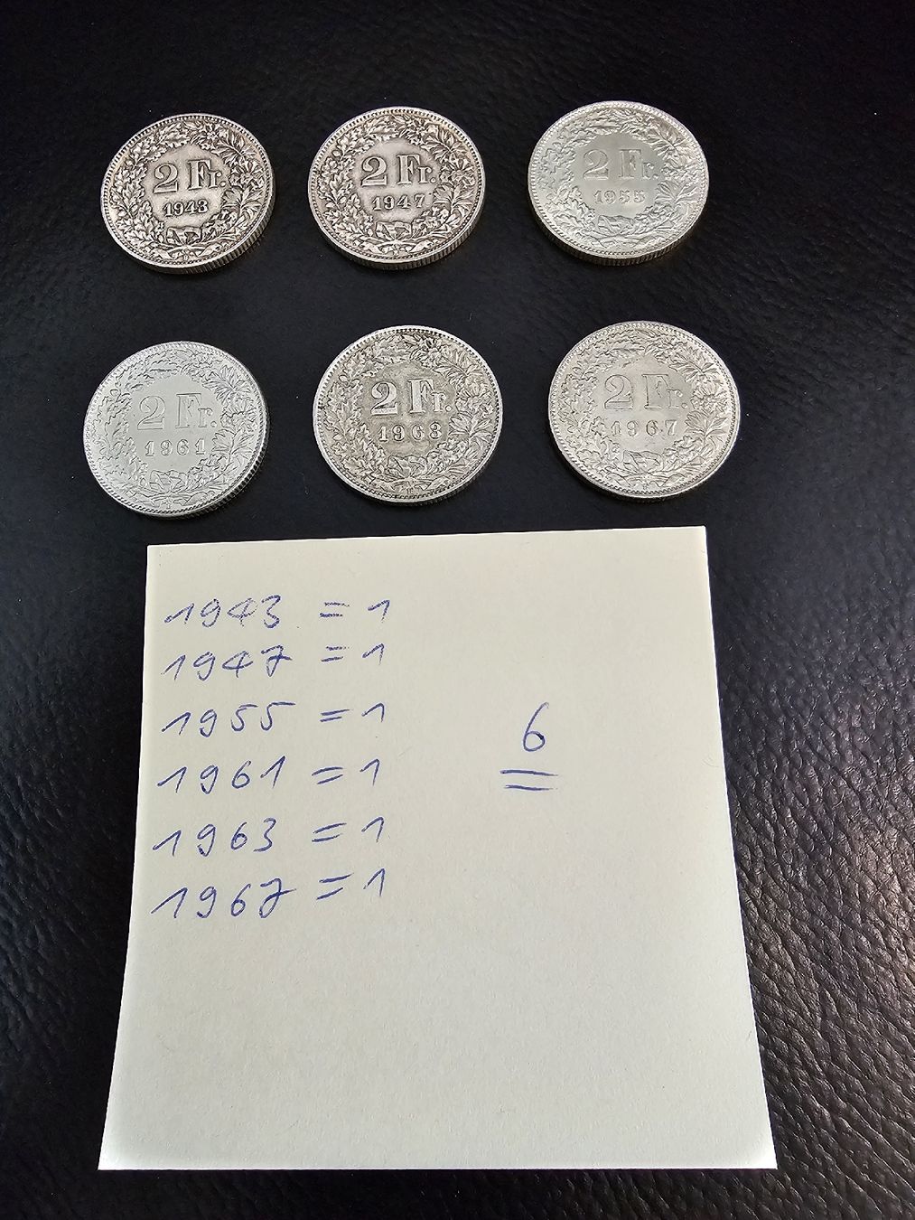Tutti le monete: 2 Franken Silber 1943 - 1967 = 6 Stk. – Usato da Bottmingen venduto da Plemenito