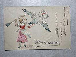 Alte Neujahrs-Postkarte, Storch und Baby