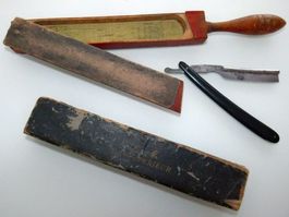 Antike Reisebox für Barbier Rasiermesser - aus Holz + Messer