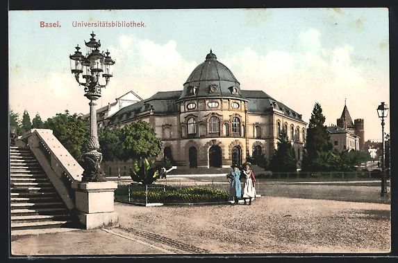Cartes postales: Basel, Mädchen vor der Universitätsbib – D'occasion à Berlin par bartko-reher