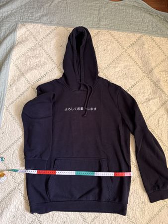 Stylish Navy Hoodie with Japanese Text - Size Medium