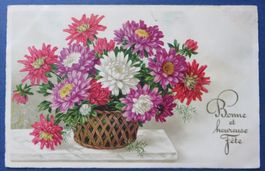 Vintage Postkarte "Bonne Fête" Astern im Korb 1937