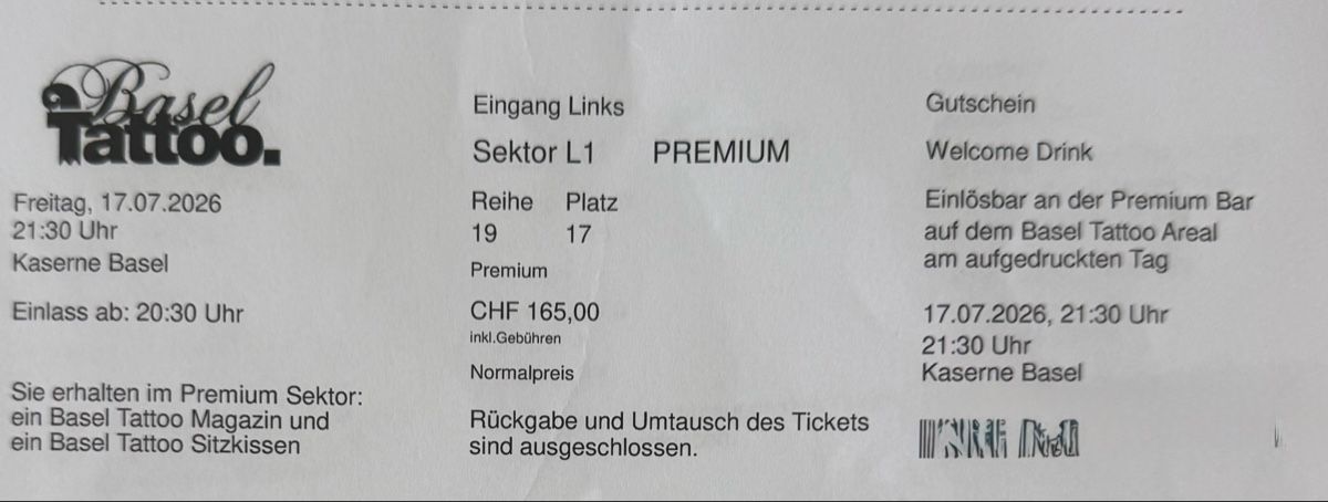 Tickets: Tattoo Basel 17.7.26 4x – Neu und originalverpackt aus Geroldswil von eka_grb2 1