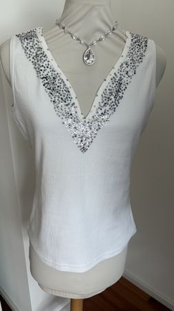 Weiss T-shirt top Pailletten Silber M L 38 40